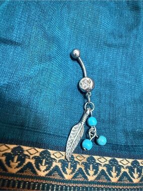 Feather Dangle Navel Ring with Turquoise Beads - Women Jewelry